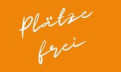 "Plätze frei" in weißer Schmuck-Schrift auf orangefarbenem Hintergrund